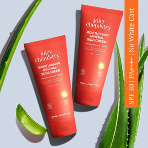 Two tubes of Juicy Chemistry Moisturising Mineral Sunscreen SPF 40 with aloe vera leaves — PA++++ broad spectrum protection, no white cast