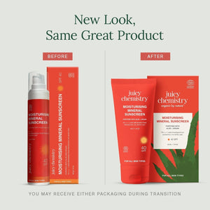 Before and after packaging update for Juicy Chemistry Moisturising Mineral Sunscreen SPF 40 — same formula in new tube packaging