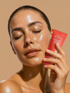 A lady holding Juicy Chemistry's moisturizing Mineral sunscreen