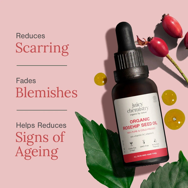 Juciy Chemistry's Roseship Seed Oil that reduces scarring, fades blemishes and reduces signs of aging 