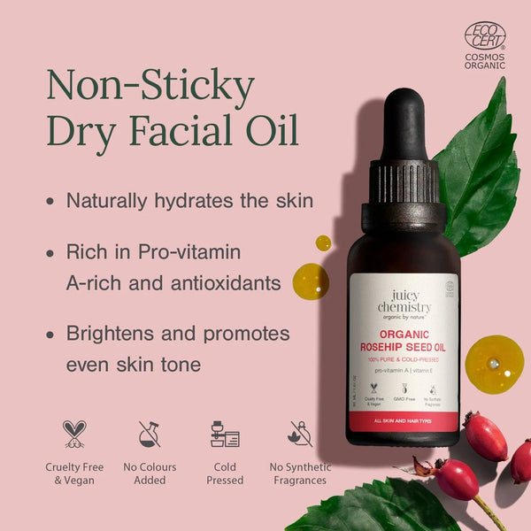 Juciy Chemistry's Organic Roseship Seed Oil that hydrates & brightens skin and is rich in Vitamins and Antioxidants 