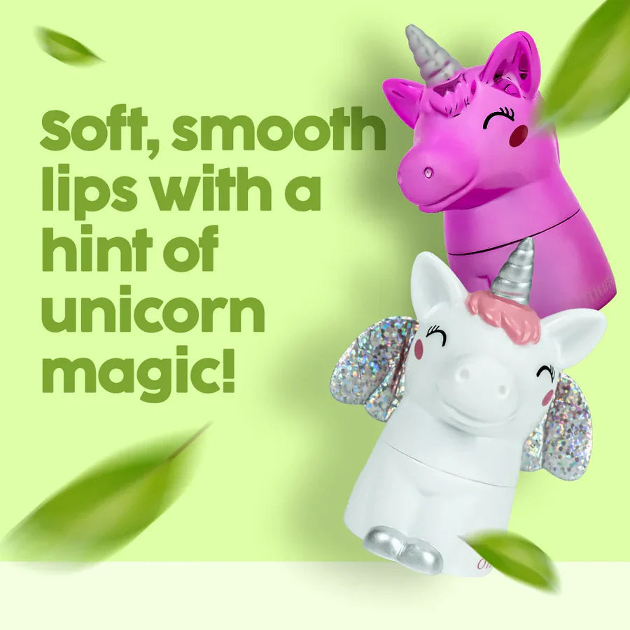 O'mumsie unicorn-shaped baby lip balm in pink and white — soft, smooth lips with a hint of unicorn magic