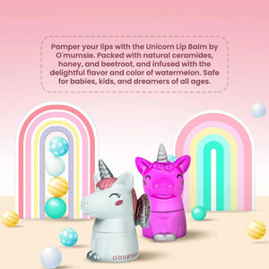 O'mumsie unicorn lip balm packed with natural ceramides, honey, and beetroot, infused with watermelon flavor and color, safe for babies and kids