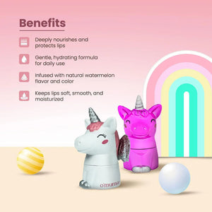 Benefits of O'mumsie hydrating lip balm for babies: deeply nourishes lips, gentle daily formula, natural watermelon flavor, keeps lips soft and moisturized