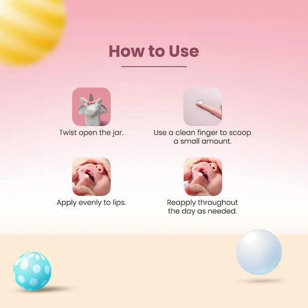 How to use O'mumsie kids lip balm: twist open the jar, scoop with a clean finger, apply evenly to lips, reapply as needed
