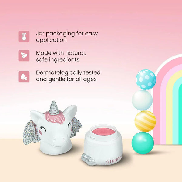 O'mumsie lip balm for pre-teens and teens. Jar packaging, made with natural safe ingredients, dermatologically tested for all ages
