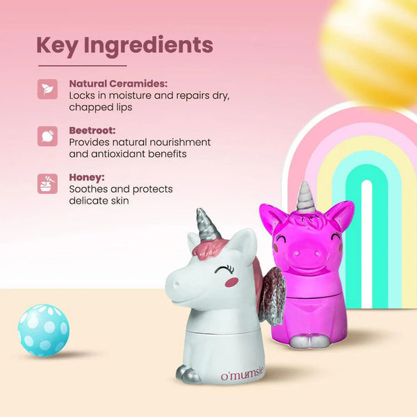 Key ingredients in O'mumsie magical pout unicorn lip balm: natural ceramides, beetroot, and honey for nourished, protected lips