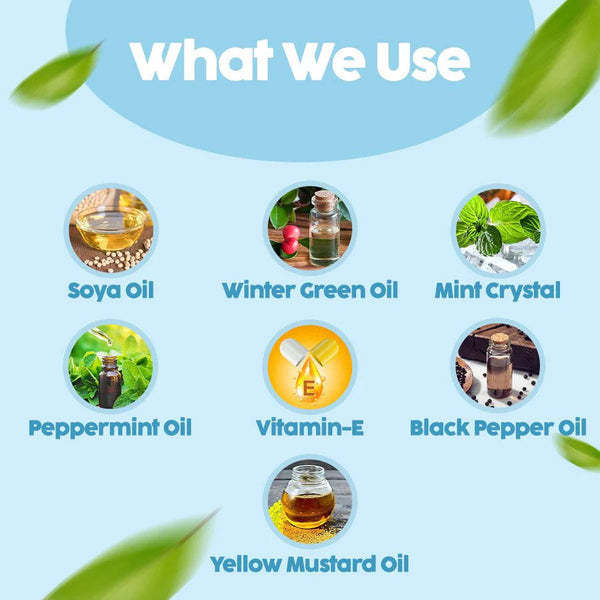 Natural ingredients in O'mumsie fast-acting pain relief oil for active kids: soya oil, wintergreen oil, mint crystal, peppermint oil, vitamin E, black pepper oil, yellow mustard oil