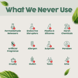 Ingredients O'mumsie herbal hair oil for kids never uses: formaldehyde releasers, endocrine disruptors, plastics, silicones, parabens, sulphates, gluten, GMOs