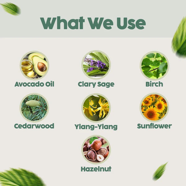 Natural ingredients in O'mumsie scalp-moisturizing baby oil: avocado oil, clary sage, birch, cedarwood, ylang-ylang, sunflower, hazelnut
