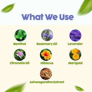 Natural ingredients in O'mumsie bubble bath for better sleep: menthol, rosemary oil, lavender, citronella oil, hibiscus, marigold, ashwagandha extract
