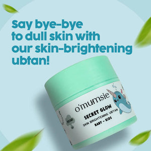 O'mumsie Secret Glow Skin Brightening Ubtan jar with tagline Say Bye-Bye To Dull Skin With Our Skin-Brightening Ubtan