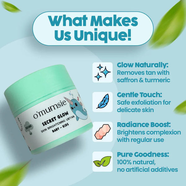 O'mumsie Secret Glow Skin Brightening Ubtan jar with unique features: removes tan with saffron and turmeric, safe exfoliation for delicate skin, brightens complexion with regular use, 100% natural with no artificial additives