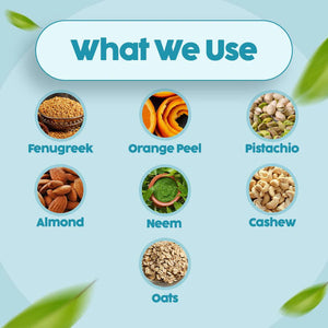 Ingredient grid for O'mumsie Secret Glow Skin Brightening Ubtan showing fenugreek, orange peel, pistachio, almond, neem, cashew, and oats
