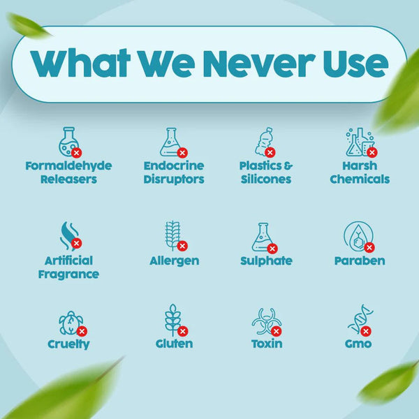 Icon grid listing what O'mumsie Secret Glow Skin Brightening Ubtan never uses: formaldehyde releasers, endocrine disruptors, plastics, silicones, harsh chemicals, artificial fragrance, allergens, sulphate, paraben, cruelty, gluten, toxins, GMO
