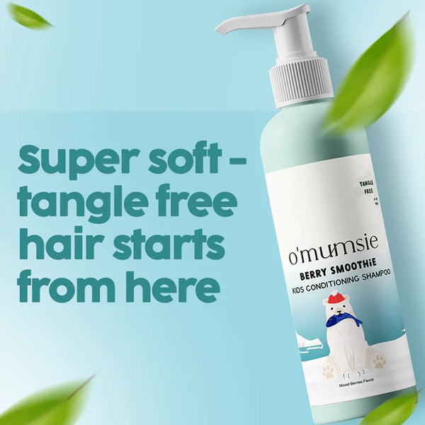 O'mumsie Berry Smoothie Kids Conditioning Shampoo bottle with tagline Super Soft Tangle Free Hair Starts From Here, mixed berries flavor