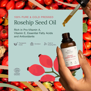 Juicy Chemistry Organic Rosehip Seed Oil bottle with rosehip berries and oil droplets, labeled Non-Sticky Dry Facial Oil, naturally hydrates skin, rich in pro-vitamin A and antioxidants, brightens and evens skin tone