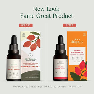 Juicy Chemistry Organic Rosehip Seed Oil bottle showing old and new packaging design side by side, labeled New Look Same Great Product, 30ml, 100% pure and cold-pressed