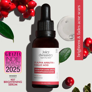 Juicy Chemistry Alpha Arbutin Serum bottle with red berries and serum swatch, winner of Grazia Indie Beauty Superstars 2025 for Best Brightening Serum, brightens and fades acne scars