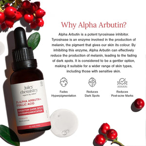 Juicy Chemistry Alpha Arbutin Serum bottle with red berries and serum swatch, explaining why alpha arbutin fades hyperpigmentation, reduces dark spots, and reduces post-acne marks