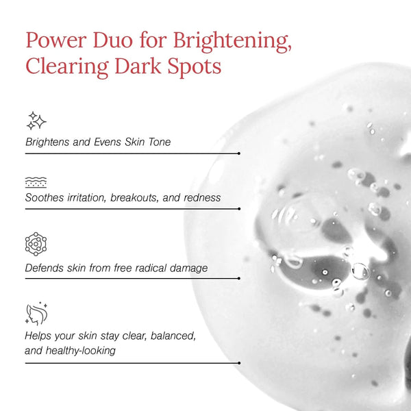 Close-up of Juicy Chemistry Alpha Arbutin Serum texture, labeled Power Duo for Brightening and Clearing Dark Spots, brightens skin tone, soothes irritation, defends against free radical damage