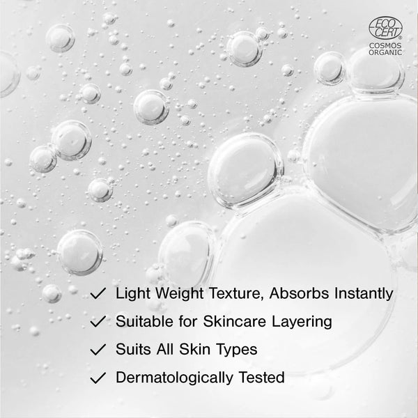 Close-up of Juicy Chemistry Alpha Arbutin Serum bubbly texture, listing lightweight instant-absorbing texture, suitable for skincare layering, suits all skin types, dermatologically tested