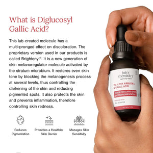Hand holding Juicy Chemistry Alpha Arbutin Serum bottle, explaining Diglucosyl Gallic Acid and Brightenyl, which reduces pigmentation, promotes a healthier skin barrier, and manages skin sensitivity