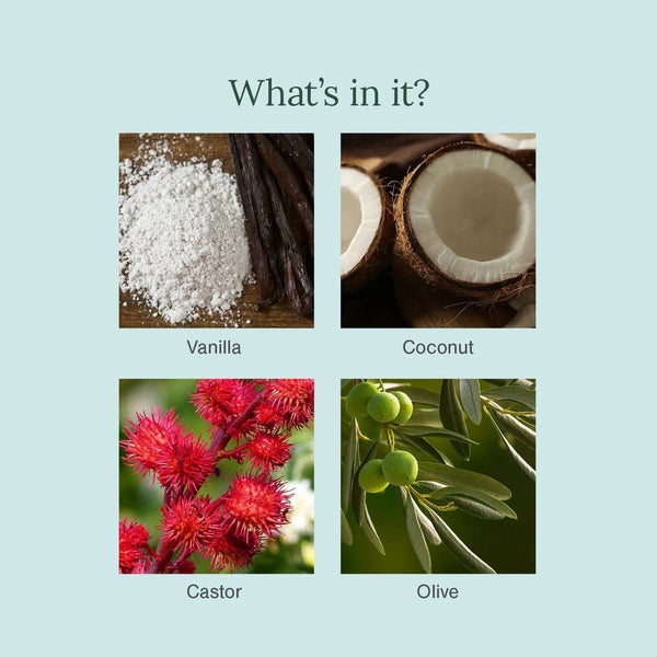 Ingredient grid for Juicy Chemistry Coconut and Vanilla Soap showing vanilla, coconut, castor, and olive