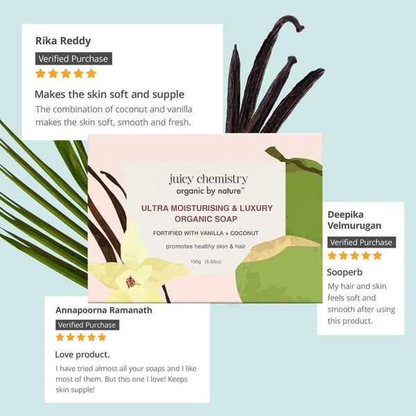 Juicy Chemistry Ultra moisturizing and Luxury Organic Soap box fortified with vanilla and coconut, surrounded by vanilla pods, with five-star customer reviews praising soft supple skin and hair
