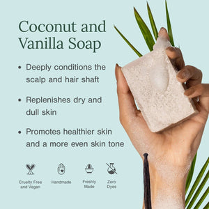 Hand holding lathered Juicy Chemistry Coconut and Vanilla Soap bar with palm leaves, deeply conditions scalp and hair shaft, replenishes dry dull skin, cruelty free and handmade with zero dyes