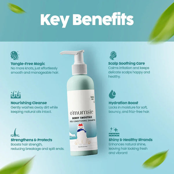 O'mumsie Berry Smoothie Kids Conditioning Shampoo bottle with key benefits: tangle-free magic, nourishing cleanse, strengthens and protects, scalp soothing care, hydration boost, shiny and healthy strands