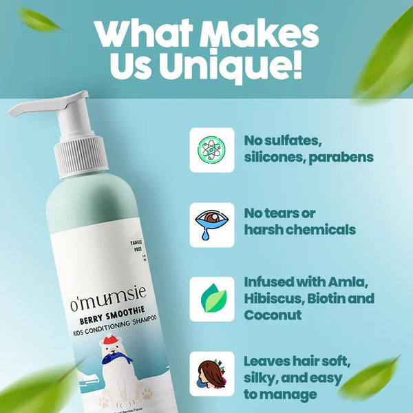 O'mumsie Berry Smoothie Kids Conditioning Shampoo bottle with unique features: no sulfates silicones or parabens, no tears or harsh chemicals, infused with amla hibiscus biotin and coconut, leaves hair soft silky and easy to manage
