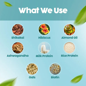 Ingredient grid for O'mumsie Berry Smoothie Kids Conditioning Shampoo showing shikakai, hibiscus, almond oil, ashwagandha, milk protein, rice protein, oats, and biotin