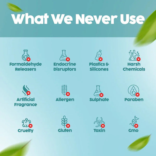 Icon grid listing what O'mumsie Kids Conditioning Shampoo never uses: formaldehyde releasers, endocrine disruptors, plastics, silicones, harsh chemicals, artificial fragrance, allergens, sulphate, paraben, cruelty, gluten, toxins, GMO