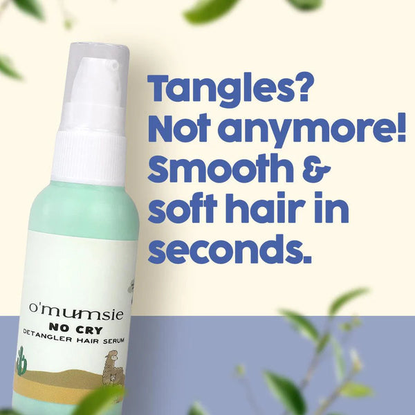 O'mumsie No Cry Detangler Hair Serum bottle with tagline Tangles Not Anymore, Smooth and Soft Hair in Seconds