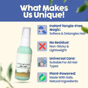 O'mumsie No Cry Detangler Hair Serum bottle with unique features: instant tangle-free magic, no sticky residue, suitable for all hair types, plant-powered natural ingredients
