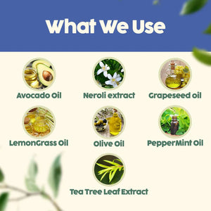 Ingredient grid for O'mumsie No Cry Detangler Hair Serum showing avocado oil, neroli extract, grapeseed oil, lemongrass oil, olive oil, peppermint oil, and tea tree leaf extract