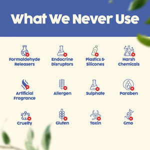 Icon grid listing what O'mumsie No Cry Detangler Hair Serum never uses: formaldehyde releasers, endocrine disruptors, plastics, silicones, harsh chemicals, artificial fragrance, allergens, sulphate, paraben, cruelty, gluten, toxins, GMO