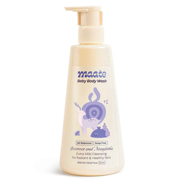 Maate Baby Body Wash with Beetroot and Manjistha, 400ml pH balanced soap-free bottle for extra mild cleansing and radiant healthy skin, 0 months plus