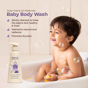 Toddler boy smiling in bubble bath beside Maate Baby Body Wash, soap-free pH balanced formula that gently cleanses, maintains skin radiance, and prevents dryness