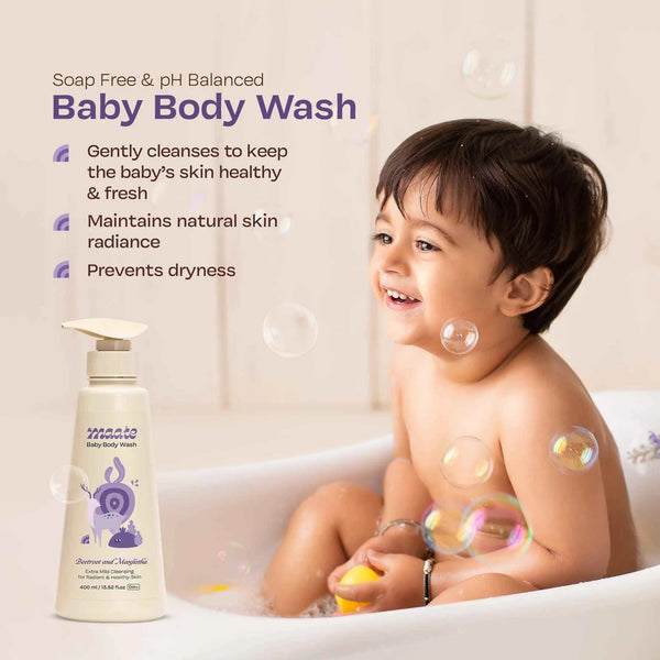 Toddler boy smiling in bubble bath beside Maate Baby Body Wash, soap-free pH balanced formula that gently cleanses, maintains skin radiance, and prevents dryness