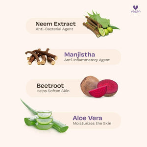 Ingredient breakdown for Maate Baby Body Wash showing neem extract, manjistha, beetroot, and aloe vera with their skin benefits