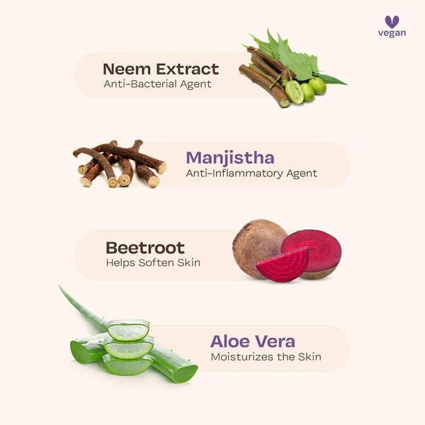 Ingredient breakdown for Maate Baby Body Wash showing neem extract, manjistha, beetroot, and aloe vera with their skin benefits