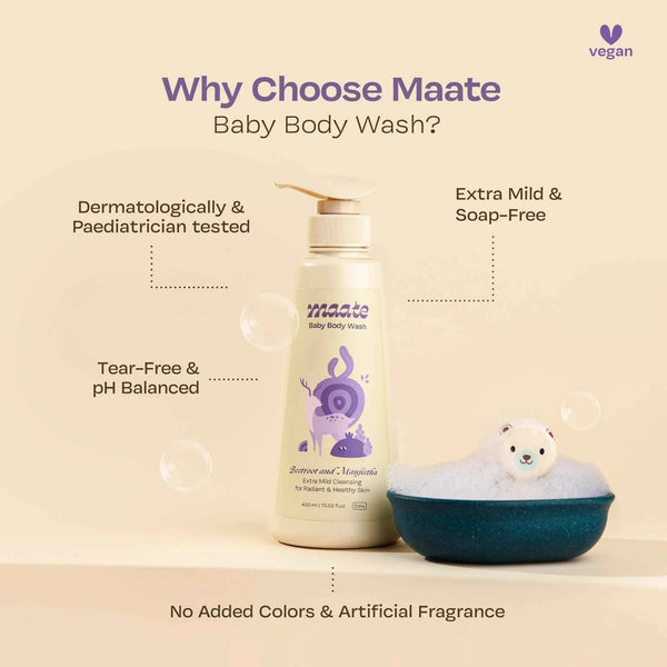 Maate Baby Body Wash bottle beside bowl of bubbles with toy bear, highlighting dermatologically and paediatrician tested, extra mild soap-free, tear-free pH balanced, no added colors or artificial fragrance