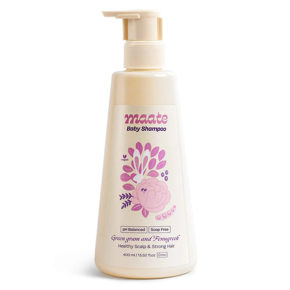 Maate Baby Shampoo with Green Gram and Fenugreek, 400ml pH balanced soap-free bottle for healthy scalp and strong hair, 0 months plus