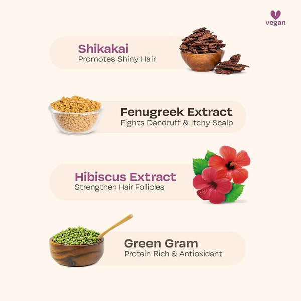 Ingredient breakdown for Maate Baby Shampoo showing shikakai, fenugreek extract, hibiscus extract, and green gram with their hair and scalp benefits