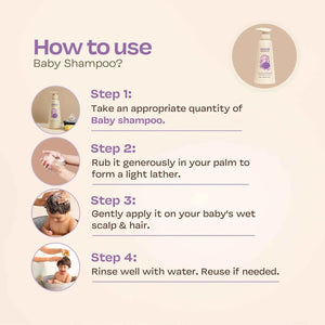 Four-step how-to-use guide for Maate Baby Shampoo: take appropriate quantity, rub into palm to form light lather, apply gently on baby's wet scalp and hair, rinse well with water