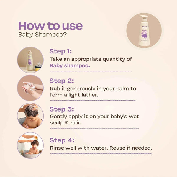 Four-step how-to-use guide for Maate Baby Shampoo: take appropriate quantity, rub into palm to form light lather, apply gently on baby's wet scalp and hair, rinse well with water