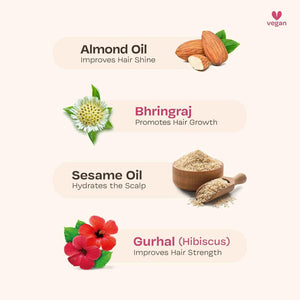 Ingredient breakdown for Maate Baby Hair Oil showing almond oil, bhringraj, sesame oil, and gurhal hibiscus with their hair benefits