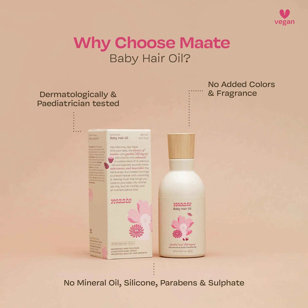 Maate Baby Hair Oil bottle beside its packaging box with full ingredient list, highlighting dermatologically and paediatrician tested, no mineral oil, silicone, parabens or sulphate